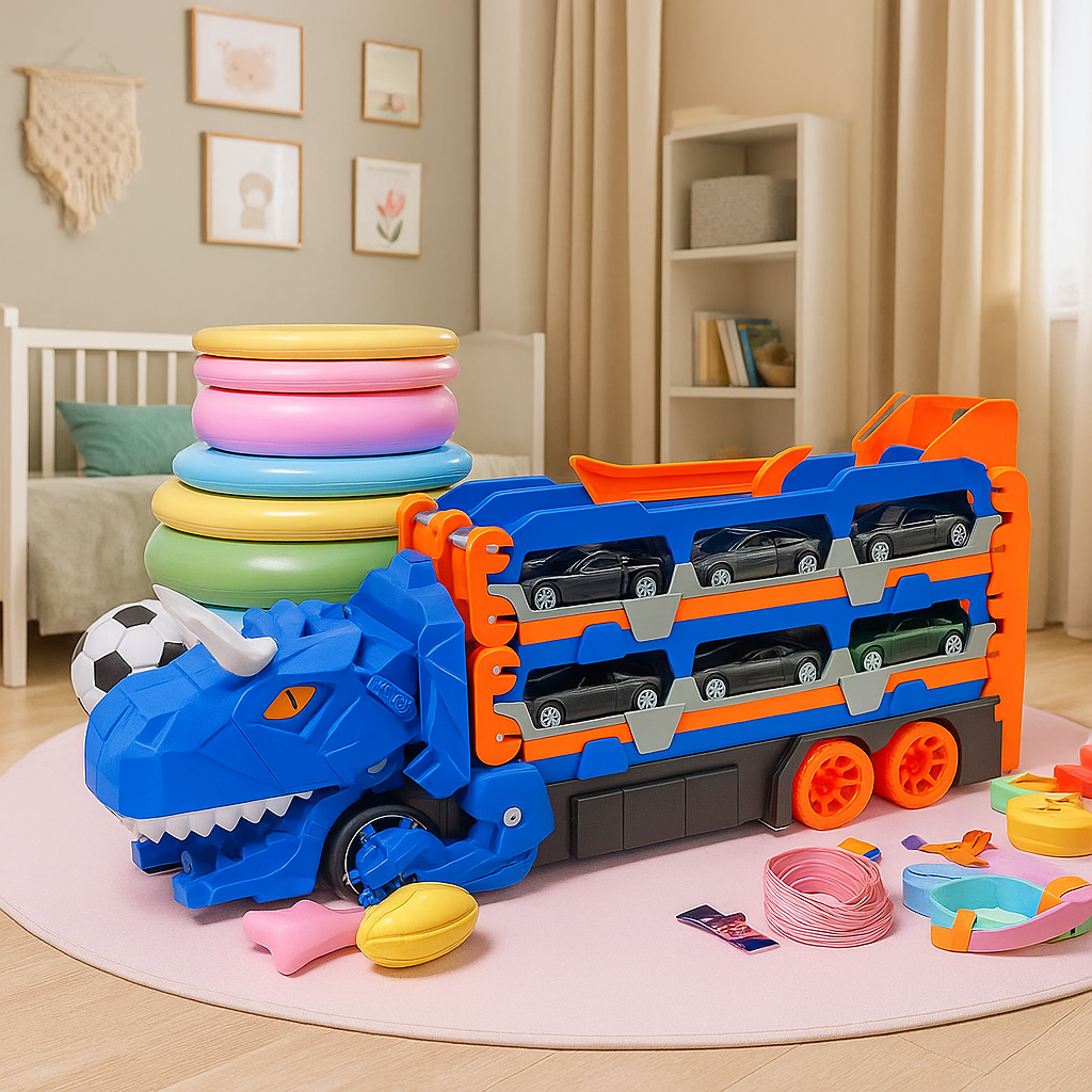 Circuit voiture enfant avec garage dinosaure 2 en 1 | VroomDino