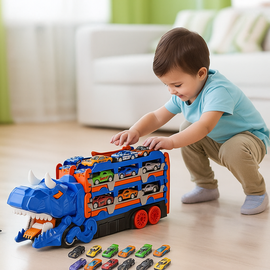 Circuit voiture enfant avec garage dinosaure 2 en 1 | VroomDino