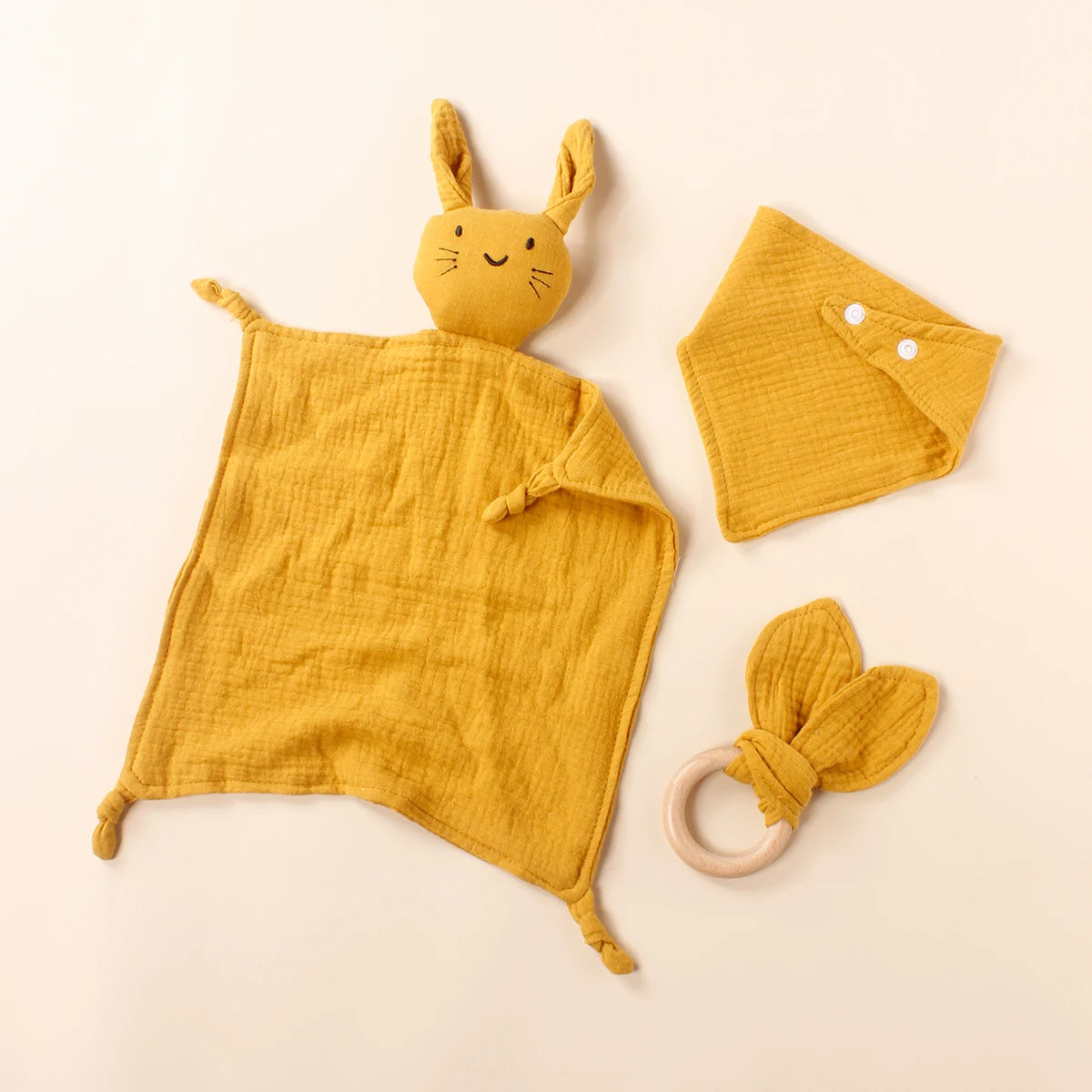 Doudou-en-mousseline-ensemble-de-3-pièces-jaune