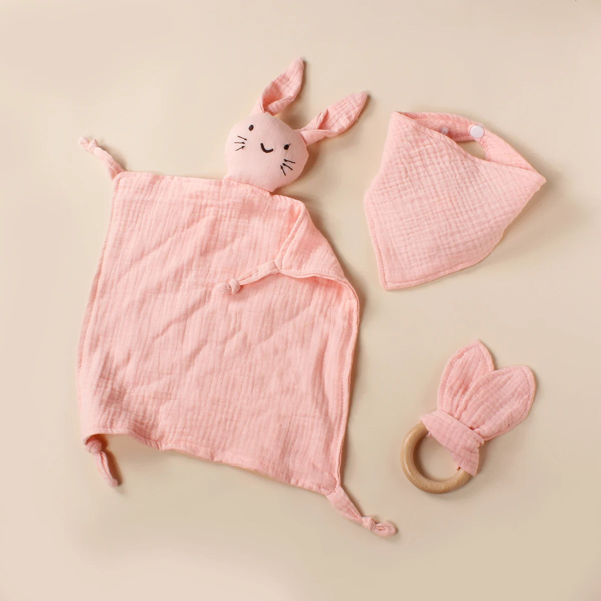 Doudou-en-mousseline-ensemble-de-3-pièces-rose