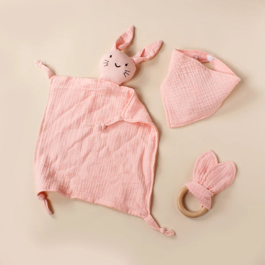 Doudou-en-mousseline-ensemble-de-3-pièces-rose