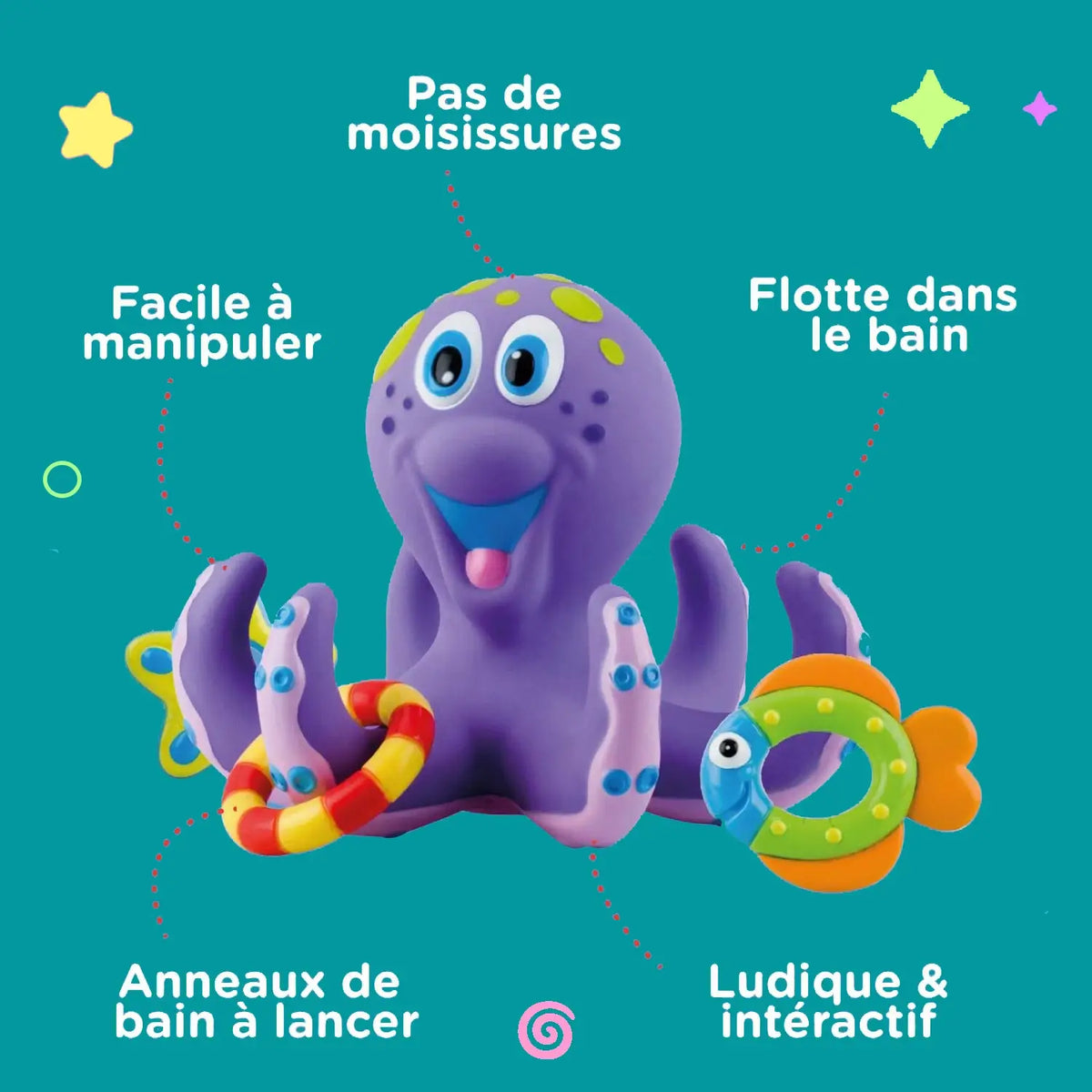 Jouet de bain - NUBY - Pieuvre intéractive flottante - Anneaux de bain Jouet de bain - NUBY - Pieuvre intéractive flottante - Anneaux de bain