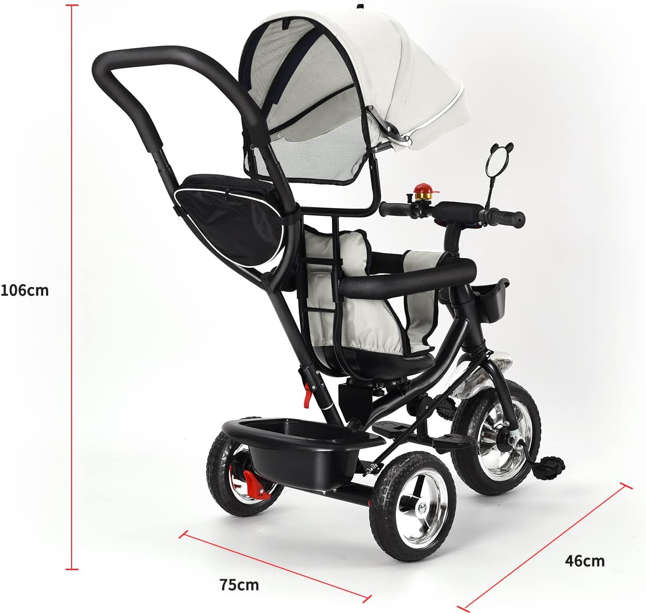 Tricycle Évolutif à Pare Soleil avec Poignée de Poussée Réglable Dimensions - Mon Adorable Bébé