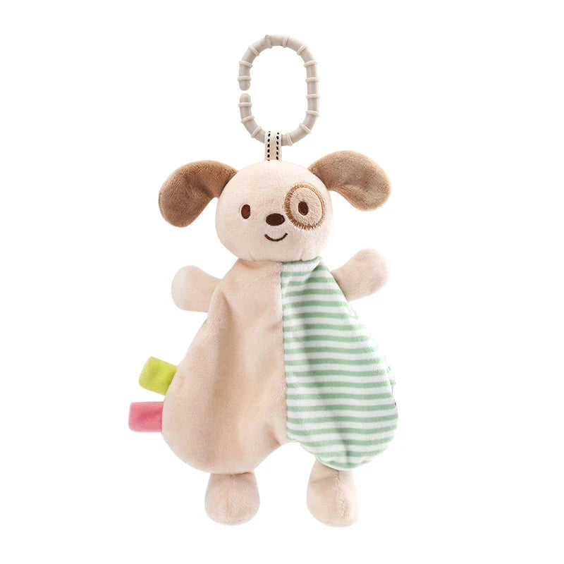 doudou-bebe-en-peluche-à-motifs d'animaux-chien